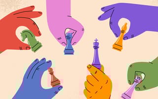 Illustration of several hands each holding different pieces from a game of chess, symbolizing the act of working together as a team to reach a goal